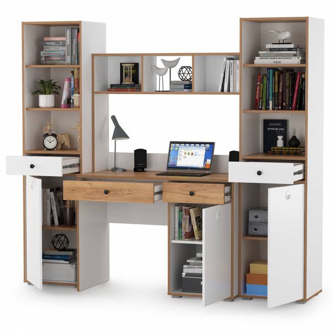 Компьютерный стол Вуди с двумя боковыми пеналами цвет белый премиум/дуб крафт золотой Компьютерный стол Вуди с двумя боковыми пеналами цвет белый премиум/дуб крафт золотой