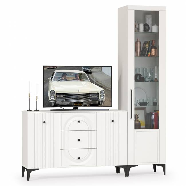 Пенал со стеклом и комод-ТВ-тумба Валенсия цвет белый шагрень