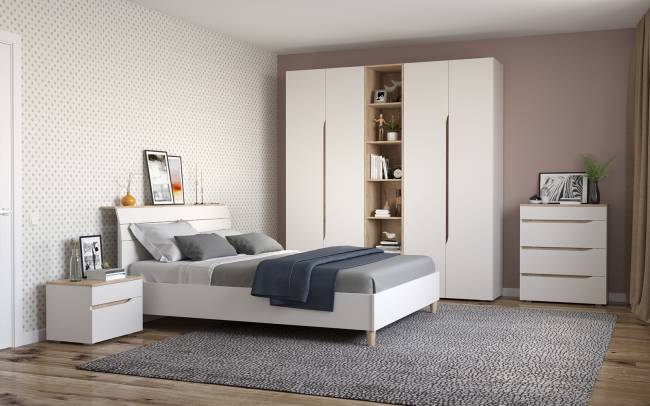 Мебель для спальни Муссон № 15 кровать на 1600 цвет белый/дуб эндгрейн элегантный, ортопед Мебель для спальни Муссон № 15 кровать на 1600 цвет белый/дуб эндгрейн элегантный, ортопед