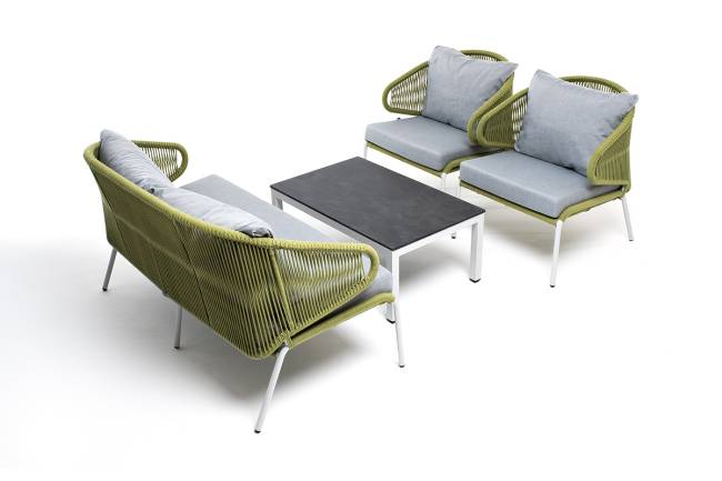 "Милан" лаунж-зона 4-местная плетеная из роупа (веревки), каркас алюминиевый светло-серый, роуп салатовый меланж "Милан" лаунж-зона 4-местная плетеная из роупа (веревки), каркас алюминиевый светло-серый, роуп салатовый меланж