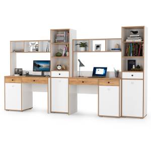 Мебельная стенка в молодёжную комнату для двоих детей Вуди № 17 цвет белый премиум/дуб крафт золотой