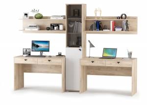 Столы Бостон с полками и стеллажом со стеклом цвет дуб эндгрейн элегантный/фасады МДФ милк рикамо софт