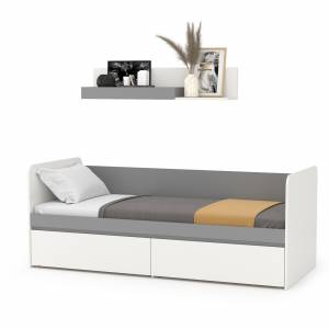 Детская кровать с ящиками Торонто с открытой полкой цвет белый шагрень/стальной серый