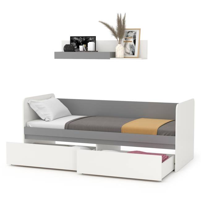 Детская кровать с ящиками Торонто с открытой полкой цвет белый шагрень/стальной серый