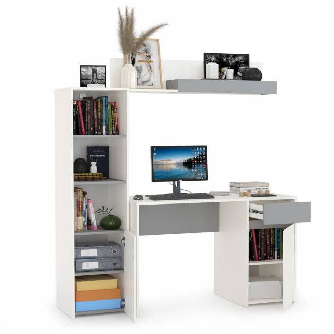 Стол Торонто с полкой и стеллажом цвет белый шагрень/стальной серый