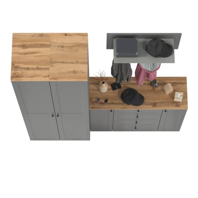 Большой комод две дверки четыре ящика с вешалкой с полкой и два шкаф-пенала Остин цвет серый графит/дуб крафт золотой Большой комод две дверки четыре ящика с вешалкой с полкой и два шкаф-пенала Остин цвет серый графит/дуб крафт золотой