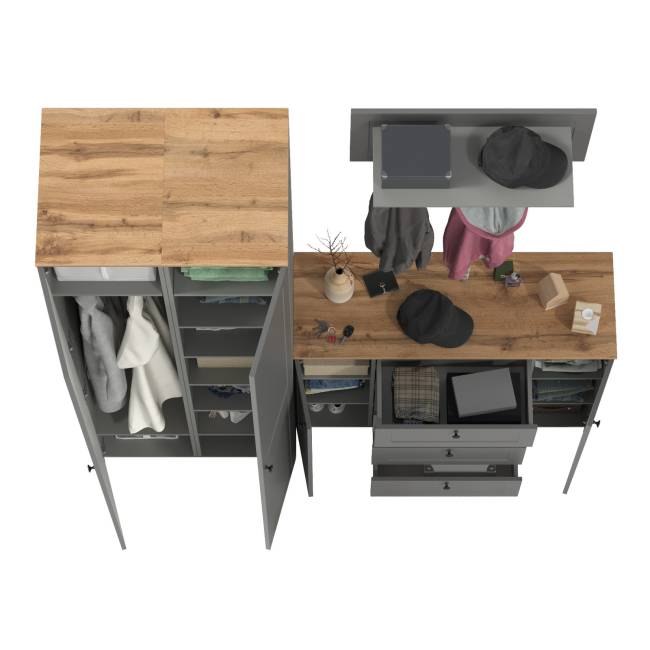 Большой комод две дверки четыре ящика с вешалкой с полкой и два шкаф-пенала Остин цвет серый графит/дуб крафт золотой Большой комод две дверки четыре ящика с вешалкой с полкой и два шкаф-пенала Остин цвет серый графит/дуб крафт золотой