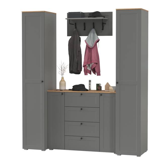 Большой комод две дверки четыре ящика с вешалкой с полкой и два шкаф-пенала Остин цвет серый графит/дуб крафт золотой Большой комод две дверки четыре ящика с вешалкой с полкой и два шкаф-пенала Остин цвет серый графит/дуб крафт золотой