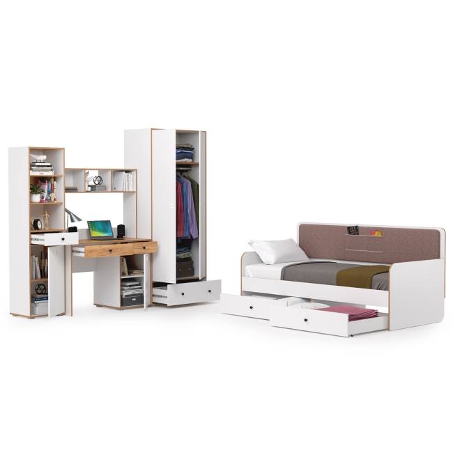 Детская кровать с ящиками и уголок школьника Вуди № 36 цвет белый премиум/дуб крафт золотой/саванна латте