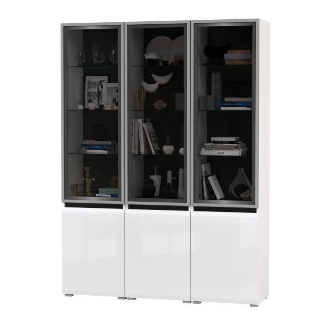 Горка в гостиную с с тремя стеклянными дверками Сидней 13.201 цвет белый/чёрный/МДФ белый глянец