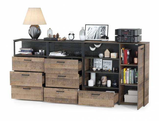 Два комода с ящиками и комод с дверкой и одним ящиком Трувор цвет дуб гранж песочный/интра Два комода с ящиками и комод с дверкой и одним ящиком Трувор цвет дуб гранж песочный/интра