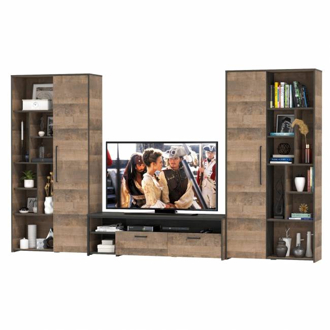 Два шкафа-стеллажа в стиле лофт и тумба для аппаратуры Трувор цвет дуб гранж песочный/интра Два шкафа-стеллажа в стиле лофт и тумба для аппаратуры Трувор цвет дуб гранж песочный/интра