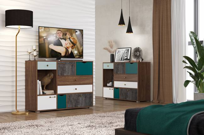 Две тумбы-комода Вайс цвет морское дерево винтаж/камень тёмный/бензин/мята/белый премиум