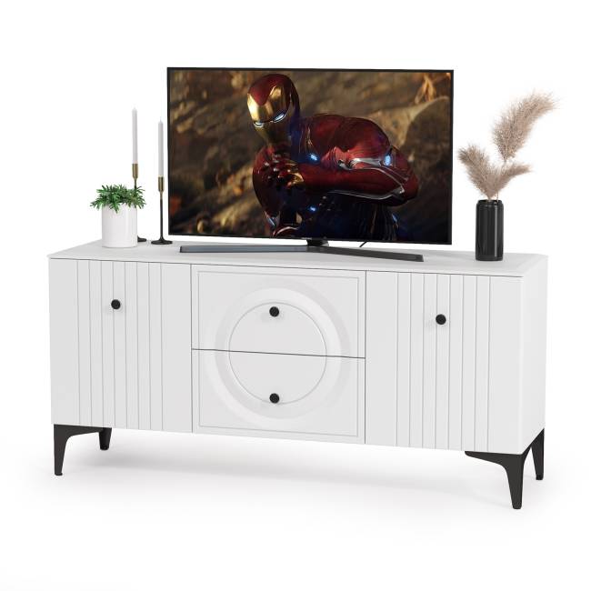 Тумба для ТВ с двумя навесными полкой Валенсия цвет белый шагрень