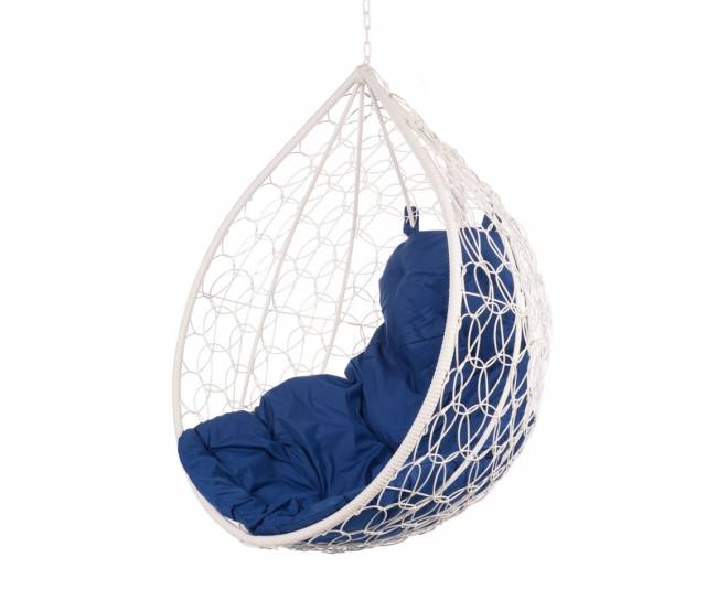 Подвесное кресло в виде капли "Tropica White" BS" синяя подушка Подвесное кресло в виде капли "Tropica White" BS" синяя подушка