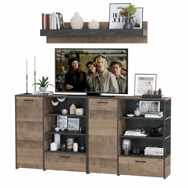 Два комода с дверками и ящиками и навесная полка Трувор цвет дуб гранж песочный/интра