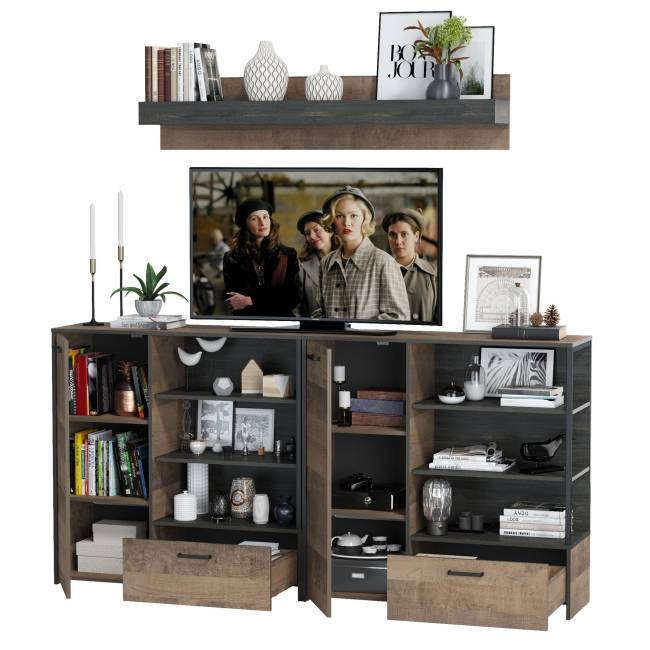 Два комода с дверками и ящиками и навесная полка Трувор цвет дуб гранж песочный/интра