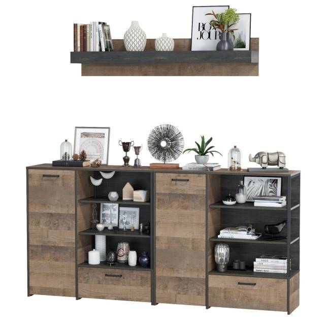 Два комода с дверками и ящиками и навесная полка Трувор цвет дуб гранж песочный/интра