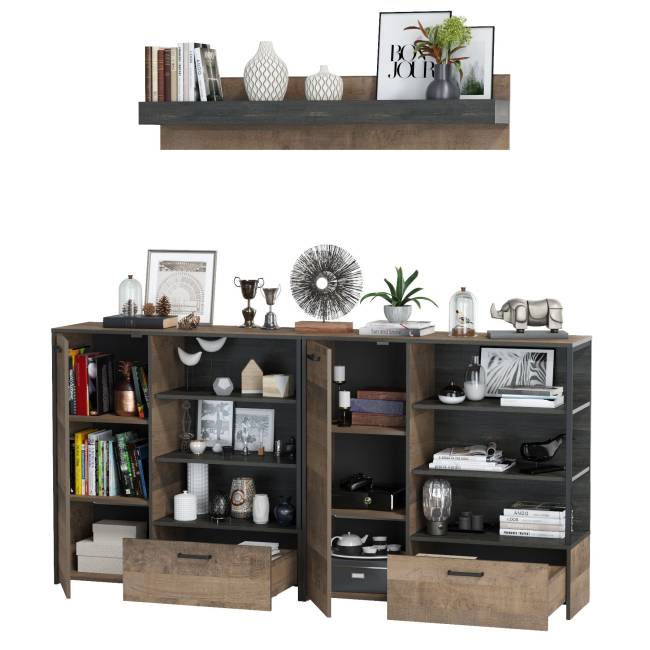 Два комода с дверками и ящиками и навесная полка Трувор цвет дуб гранж песочный/интра