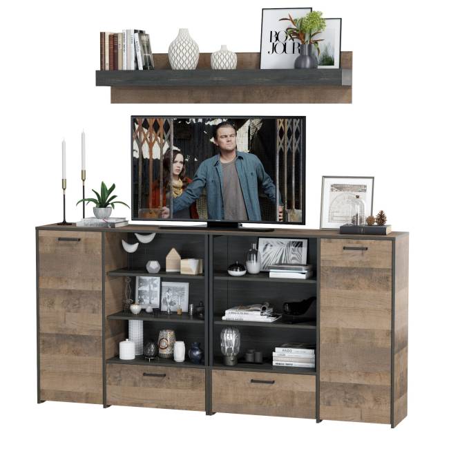 Два комода с дверками и ящиками и навесная полка Трувор цвет дуб гранж песочный/интра