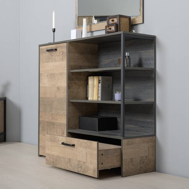 Два комода с дверками и ящиками и навесная полка Трувор цвет дуб гранж песочный/интра